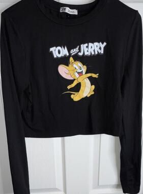 Tom and Jerry Jerry Black Graphic Print Cropped Crew Neck Long Sleeve Top L
